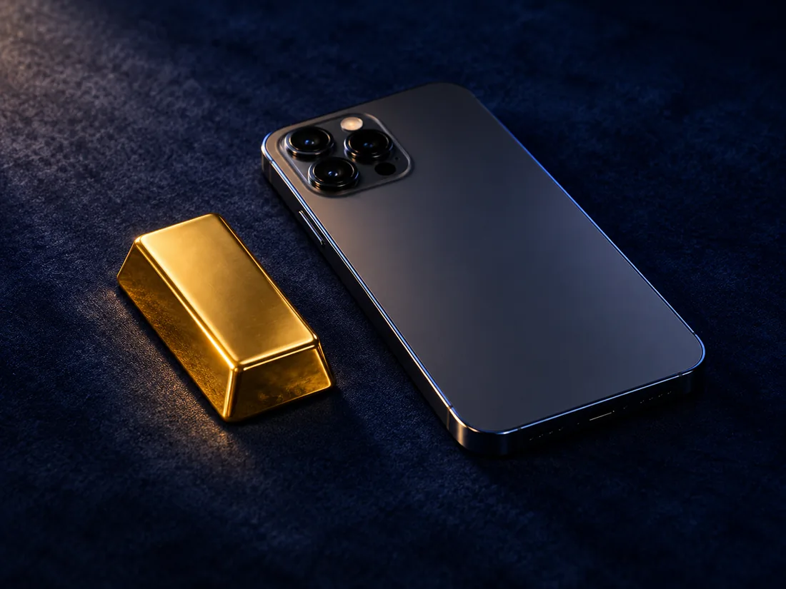 A small gold bar beside a smartphone on a dark desk